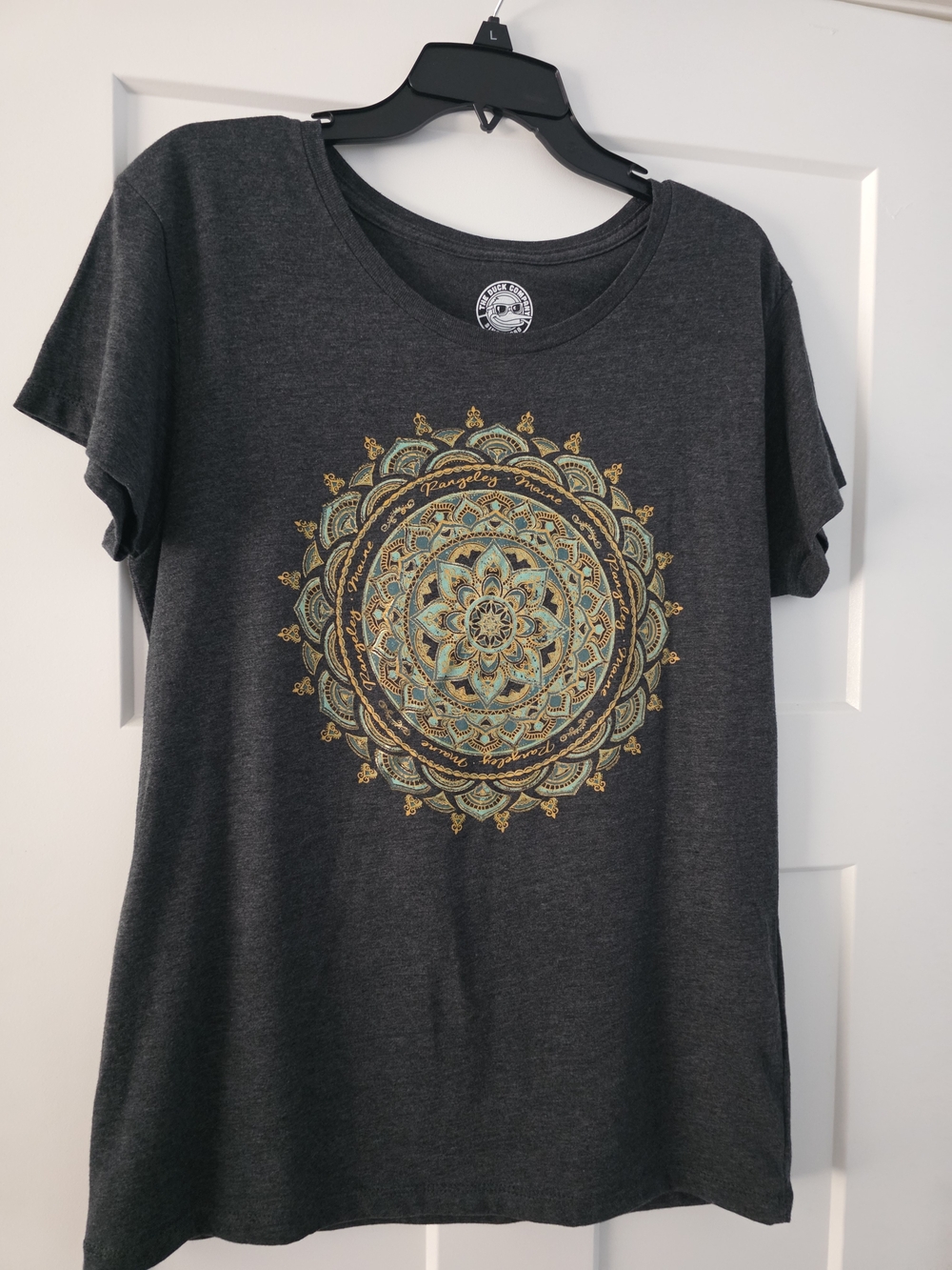 Duck Co Women's Charcoal Fitted Tee with Gold & Teal Mandala Rangeley Maine